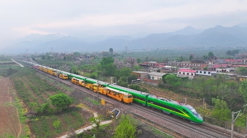 圖為4月14日,一列施工中的大型養(yǎng)路機(jī)械清篩編組與一列行駛中的動(dòng)集動(dòng)車組在陜西省渭南市隴海線太要站至豫靈站區(qū)間交匯。祁映辰 攝 (3)_副本.jpg